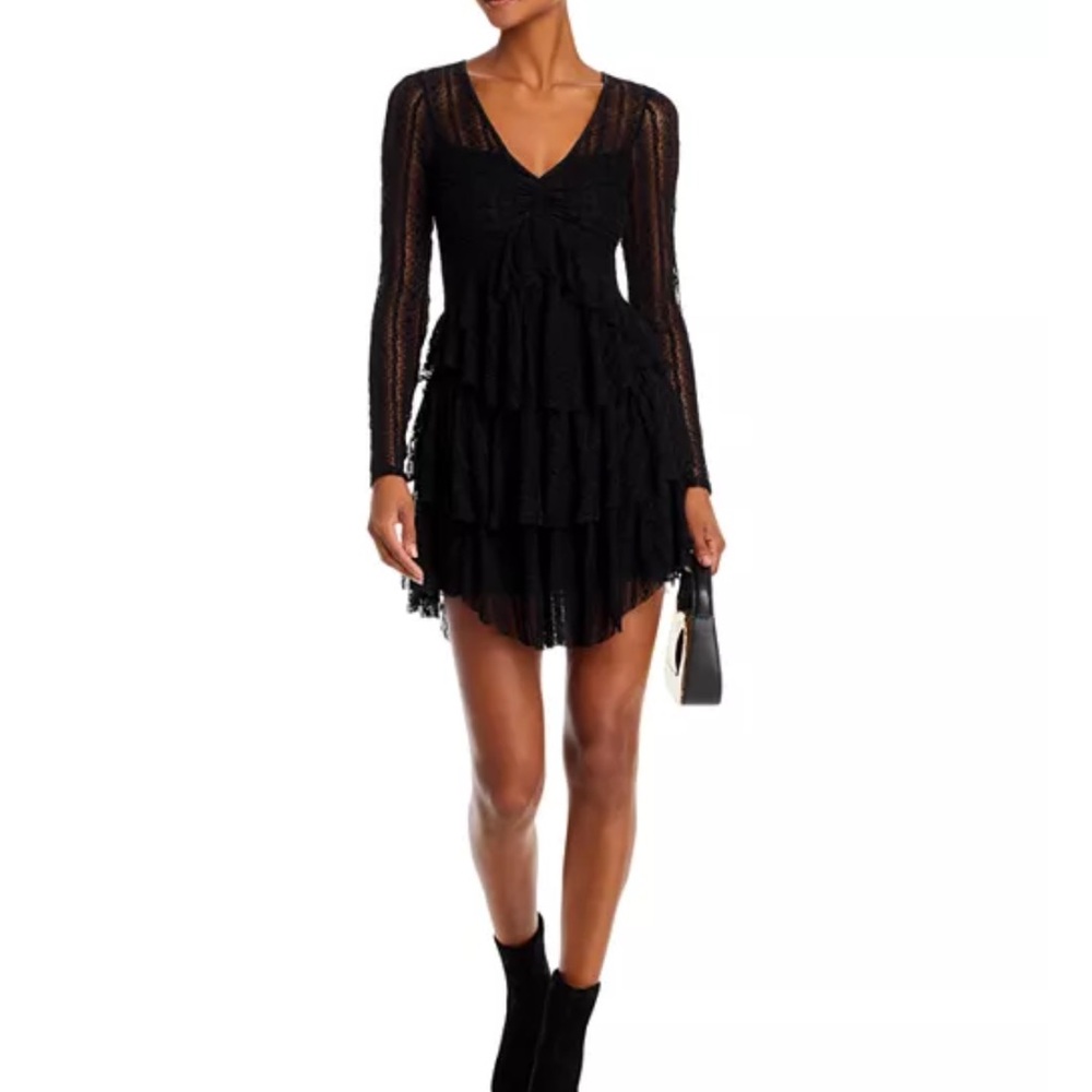 LoveShackFancy Yana Black Long Sleeve Tiered Dress